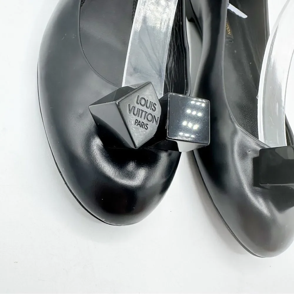 LOUIS VUITTON BLACK All Leather Ballet Flats w/Logo Cube Accents Sz 7US 37.5 EUR